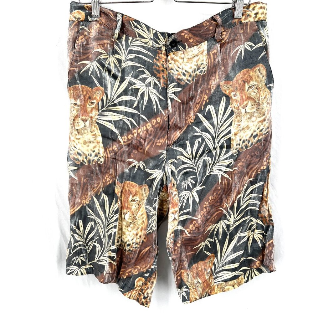 Vintage 80s 90s Bar code baggy long length wild animal shorts tigers leopard XL - Picture 2 of 10